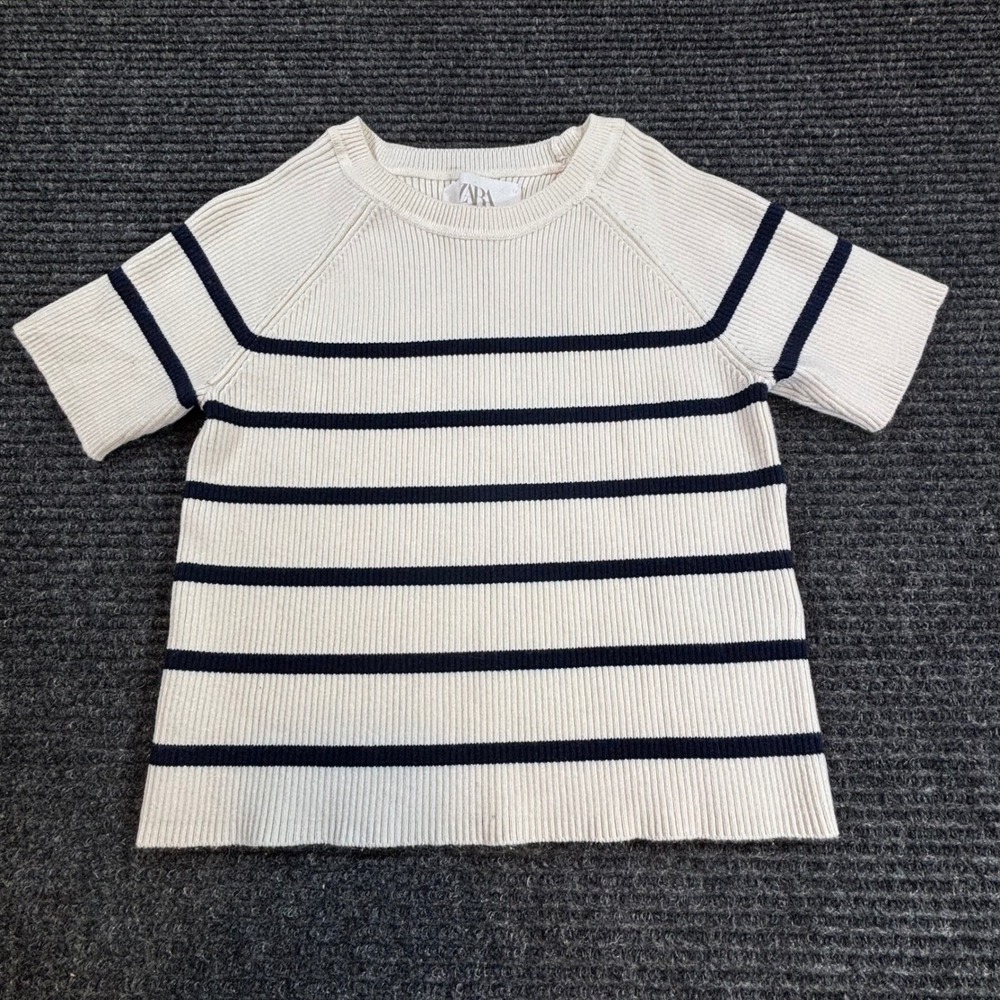 Zara Kids Striped Ribbed Knit Short Sleeve Sweater Top Off White Navy Size 9-10